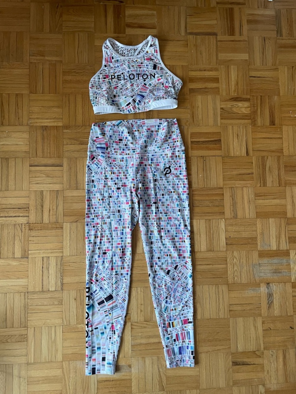 Peloton White Multicolor Grid Sports Bra & Leggings Set
